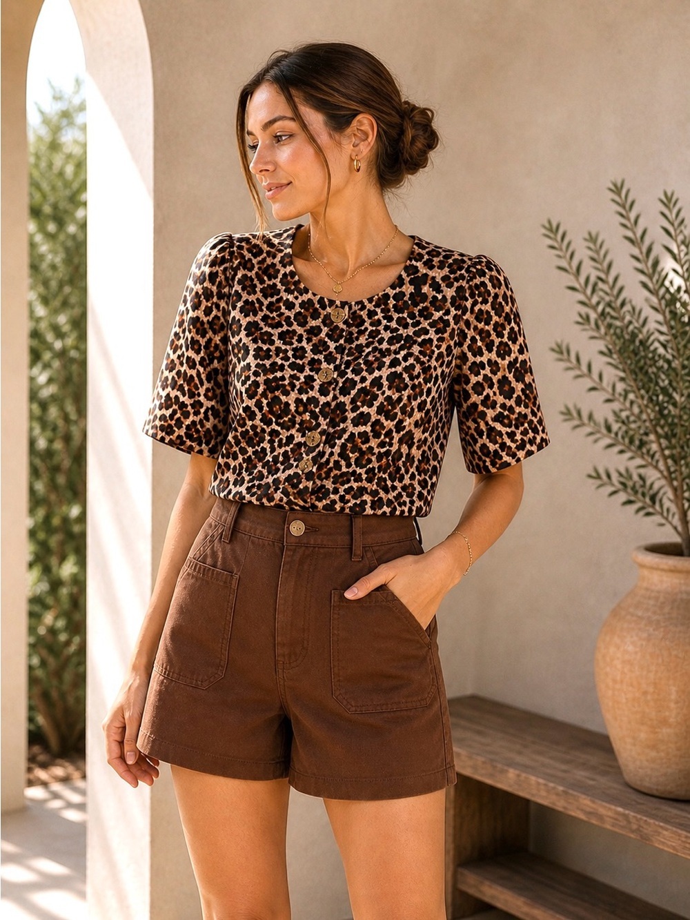 Olivia by Livro Heidi Top Leopard Print Cropped Cotton Blouse Size L NWT